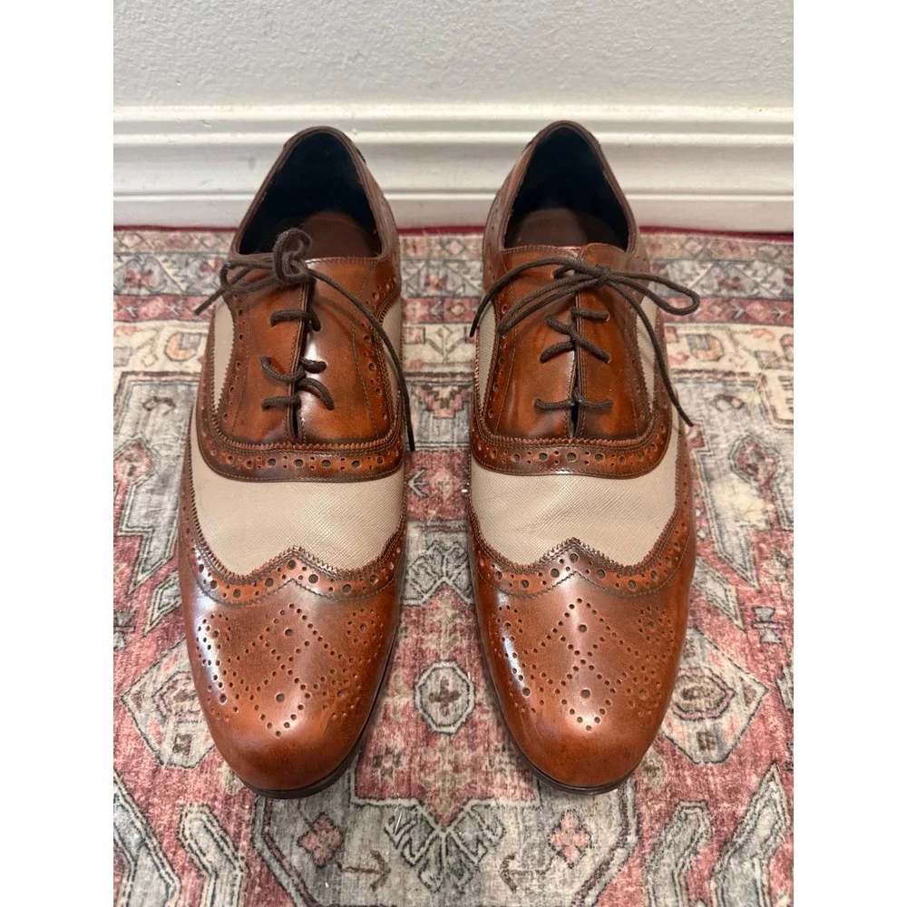 Bespoke Custom Shoes Mens Cognac Tan Two Tone Leather Wingtip Oxford Brogues